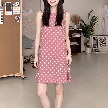 ZANZEA Women Summer Fashion Long Tank Tops Polka Dots O-Neck Sleeveless Side Slit Knee-Length Tops Casual Everyday Wear Tanks