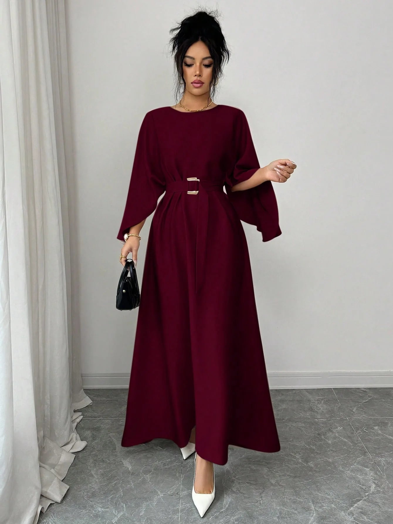 Gentle Style Round Neck Batwing Sleeve Waist-Tied Maxi Dress with Belt Elegant Commuter Long Dress