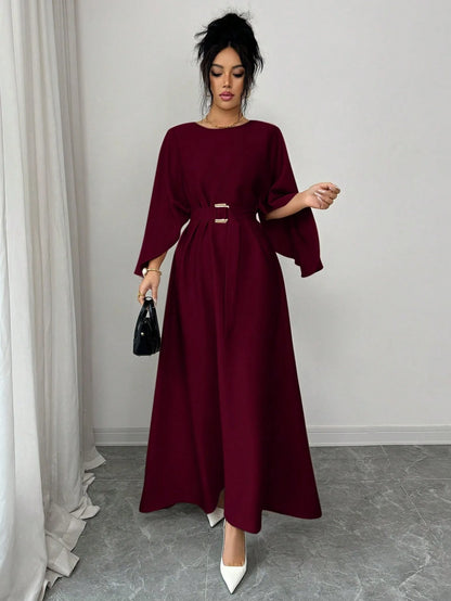 Gentle Style Round Neck Batwing Sleeve Waist-Tied Maxi Dress with Belt Elegant Commuter Long Dress