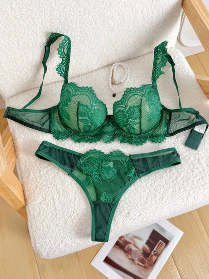 Vintage Romantic Dark Green Lace Lingeri Sheer Mesh Longline Bra 2 Pieces Elegant Boudoir Intimate Outfit