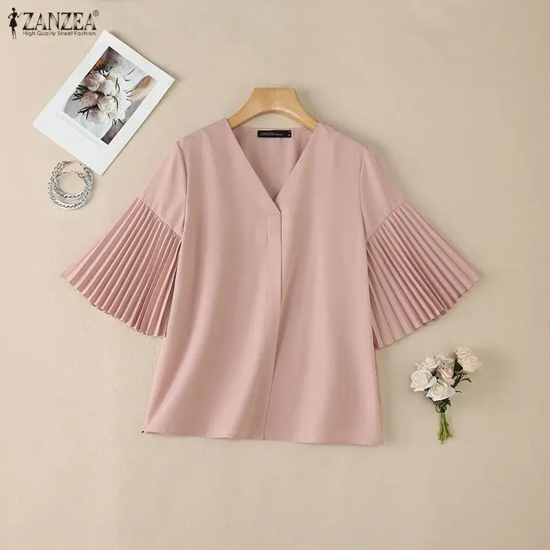 ZANZEA Women's Elegant Blouses Pleated Bell Sleeve V-Neck Loose Pullover Tops Summer Daily Casual Solid Color Blusas de Mujer