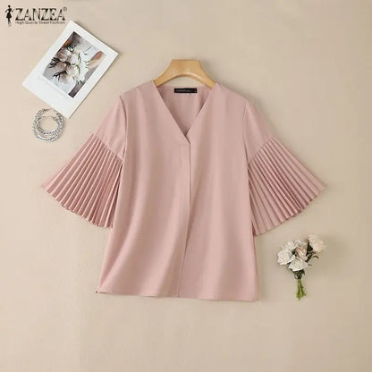 ZANZEA Women's Elegant Blouses Pleated Bell Sleeve V-Neck Loose Pullover Tops Summer Daily Casual Solid Color Blusas de Mujer