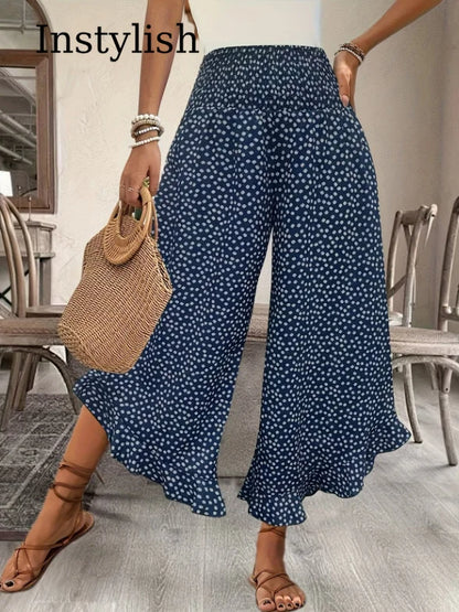 Women's Floral Wide Leg Nine-Point Pants Stretch High Waist Ruffled Slit Hem Casual Summer Beach Flowing Lightweight Pants