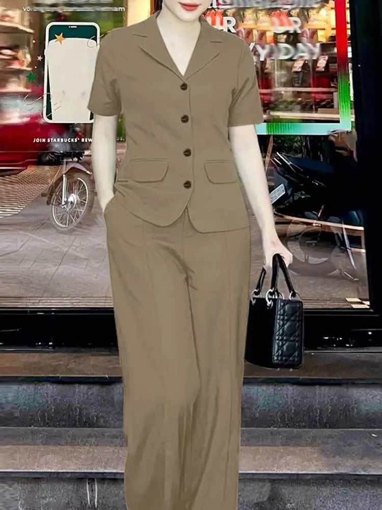 Summer Fashion OL Pant Sets ZANZEA 2PCS Women Outfits Short Sleeve Tops Wide Leg Trousers Suits Elegant Work Tracksuits Oversize