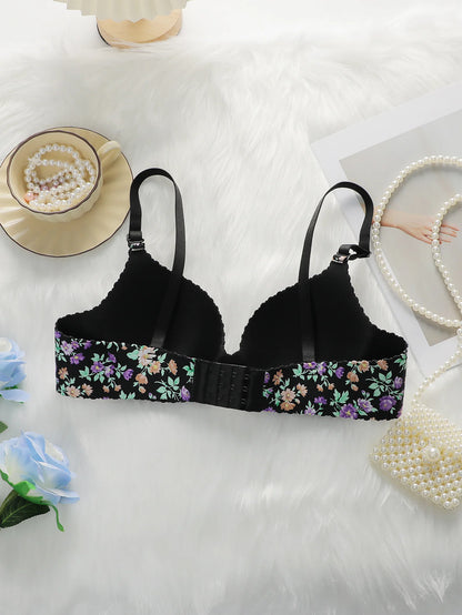 Women's Sexy One-piece Bra With Small Floral Patterns Without Steel Rings Gathered Push Ups Daily Comfortable Underwear A5033