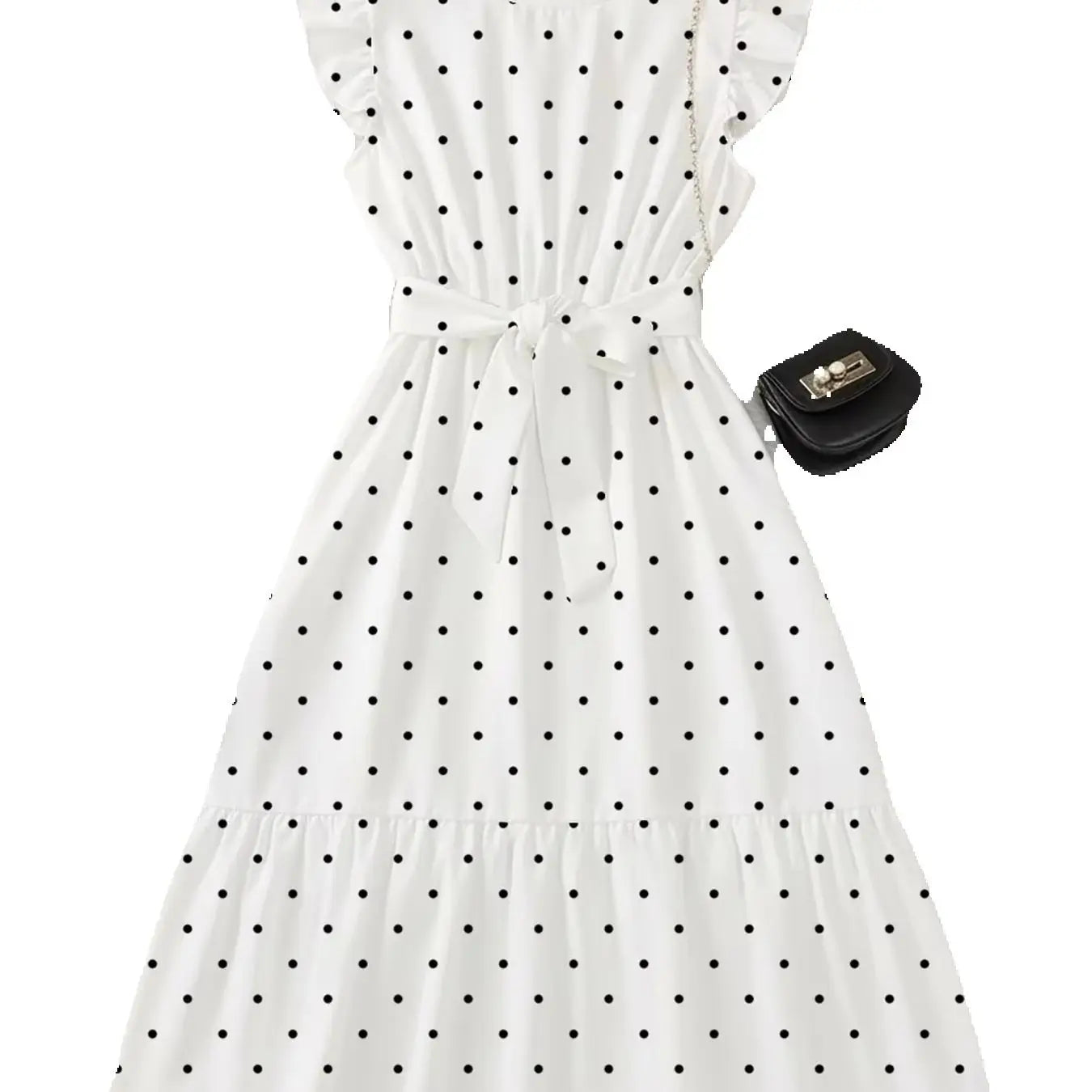 Casual and elegant summer girls' comfortable polka dot round neck ruffle sleeves cinched waist lace up dress long skirt