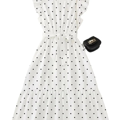Casual and elegant summer girls' comfortable polka dot round neck ruffle sleeves cinched waist lace up dress long skirt