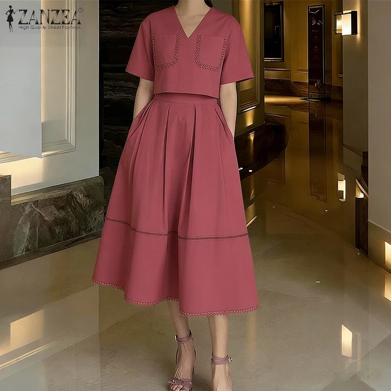 2026 ZANZEA Summer Elegant V Neck Short Sleeve Blouse Dress Sets Stylish Women Outfits Elegant OL Work Suit Solid 2 Pieces Sets