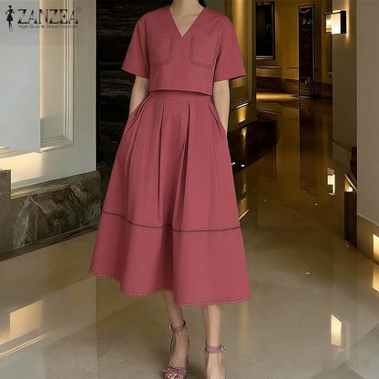 2026 ZANZEA Summer Elegant V Neck Short Sleeve Blouse Dress Sets Stylish Women Outfits Elegant OL Work Suit Solid 2 Pieces Sets