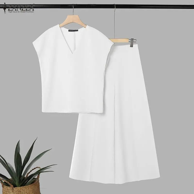 ZANZEA 2PCS Elegant V Neck Short Sleeve Blouse Pant Sets Summer Women Matching Sets Solid Color OL Outfit Wide Leg Trousers Suit