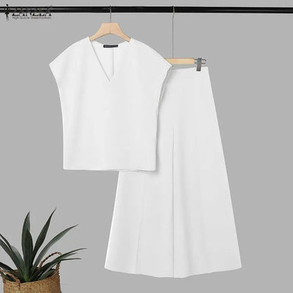 ZANZEA 2PCS Elegant V Neck Short Sleeve Blouse Pant Sets Summer Women Matching Sets Solid Color OL Outfit Wide Leg Trousers Suit