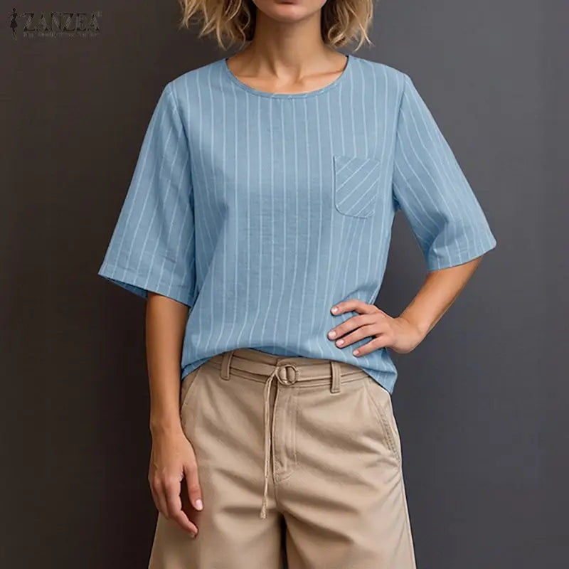 ZANZEA Casual Striped Blouses Woman Minimalist O-Neck 3/4 Sleeve Pocket Loose Tops Tunic Autumn 2026 Daily Wear Blusas Mujer