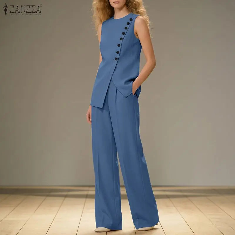 Fashion ZANZEA Summer Sleeveless Tanks Tops Trousers Suit Solid Color OL Work Tracksuit Outfit Matching Set 2PCS Women Pant Sets