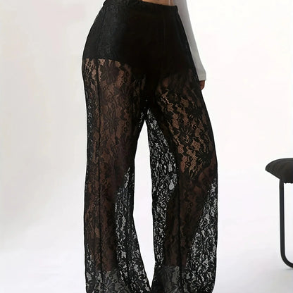 2025 New Fashionable and Sexy Versatile Waist Collection Lace Jacquard Micro Transparent Straight Leg Casual Pants Long Pants