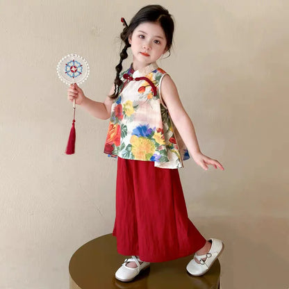 Fashion Chinese Tops Pants Girl Suit Casual Costume Kids Clothes Baby Outfit Summer Two-piece Set Girls Hanfu Children's Sets