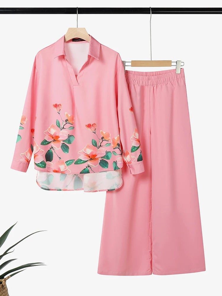 ZANZEA 2025 Autumn Outfits Women Stylish Printed Matching Sets Casual Long Sleeve Tops Wide Leg Pant Sets Fashion Work Tracksuit