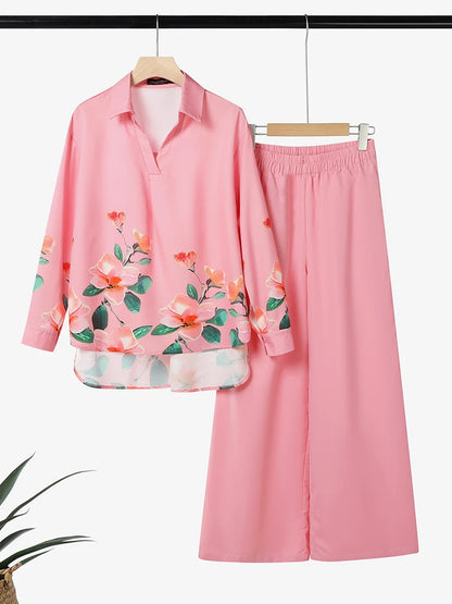 ZANZEA 2025 Autumn Outfits Women Stylish Printed Matching Sets Casual Long Sleeve Tops Wide Leg Pant Sets Fashion Work Tracksuit