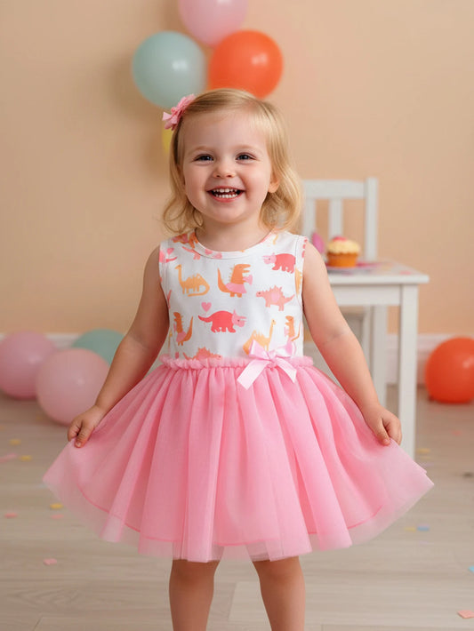 Summer Toddler Girls Dress Cute Cartoon Dinosaur Print Sleeveless Tank Dresses with Bow Mesh Tulle Tutu Skirts Kids Outfits 1-6Y