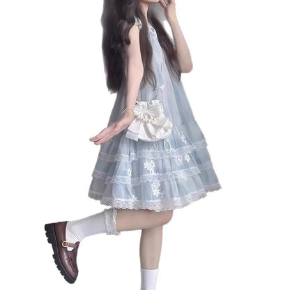 2026 summer Kids Girls SKY BLUE lace sleeveless mesh floral Princess Teenager New layered Dress Clothing 3 4 8 9 12 14 Years