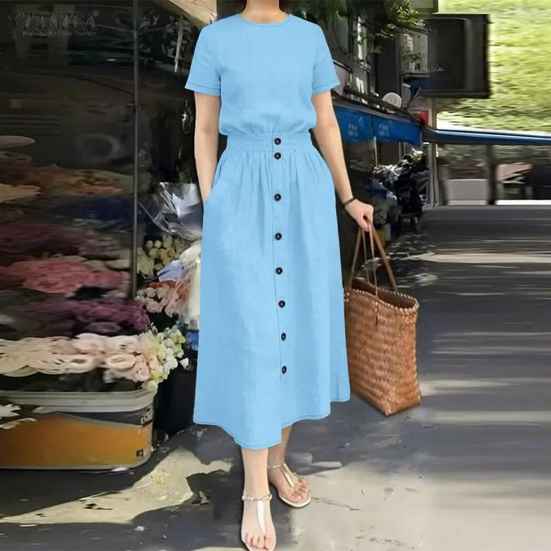 ZANZEA 2026 Summer Outfits Women Dress Sets Short Sleeve Blouse Sundress Suit Elegant 2 Piece Sets Casual Solid Color Tracksuit
