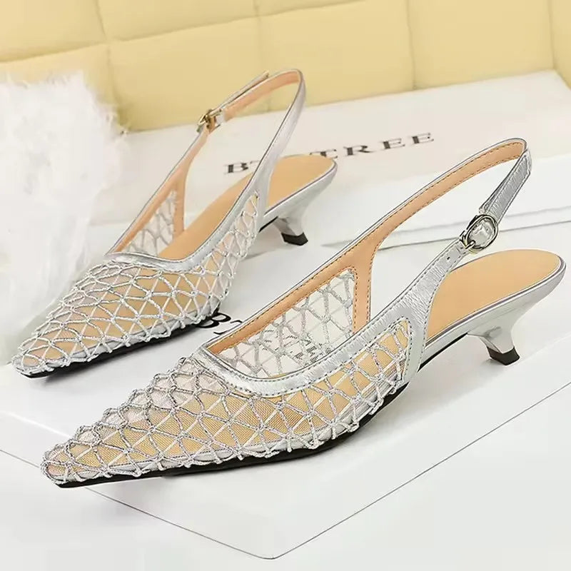 BIGTREE Shoes Mesh Breathable Women Pumps Fashion Kitten Heels 3 CM Hollow Out And Empty Back Strap Summer Sandals Women Shoes