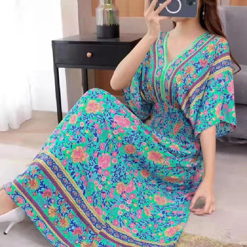 Casual Elegant Retro Bohemian National Style V-neck Elastic  Waist Large Swing Printed Summer Long Skirt Woman Dress Clothes