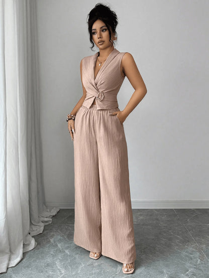 Women's 2 Piece Outfits Summer Sleeveless Wrap V Neck Crop Top Wide Leg Pants Set Casual Elegant Office Two Piece Sets