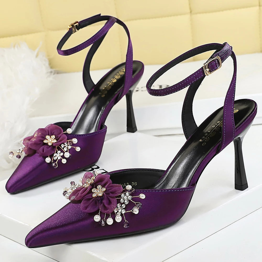 Large Size 43 Women Pumps Flower Rhinestone Design High Heels Hollow Satin Silk High-heeled Sandals Women Summer Shoes Stiletto