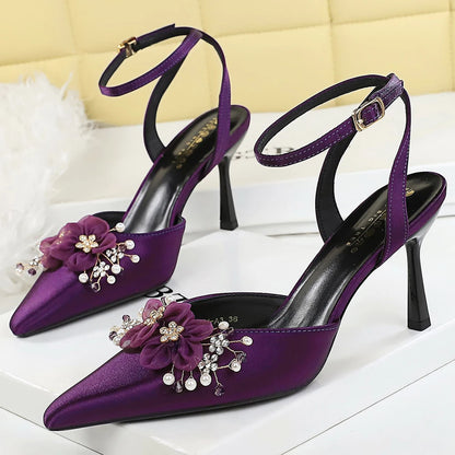 Large Size 43 Women Pumps Flower Rhinestone Design High Heels Hollow Satin Silk High-heeled Sandals Women Summer Shoes Stiletto