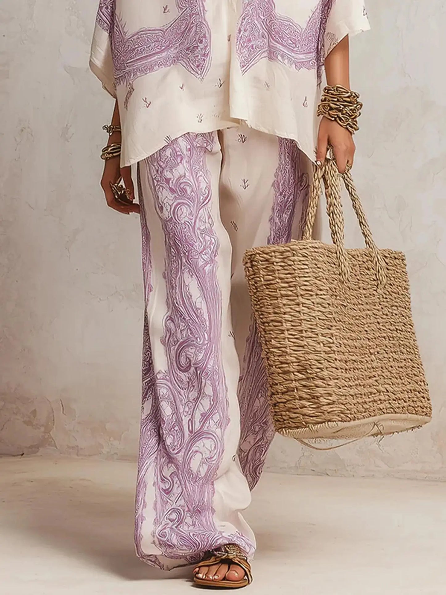 Summer Paisley Printing 2 Piece Set Women Elegant Lapel Long Sleeve Shirt Top & Wide Leg Pants Casual Loose Suit for Vacation