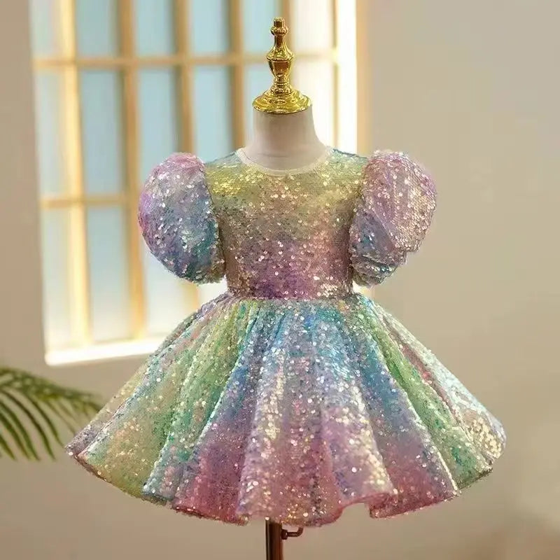 Girl Dress Pastel Sparkles Shimmers Puffy Sleeves Sequin Dress Girls Birthday Party Clothes 3-12Years