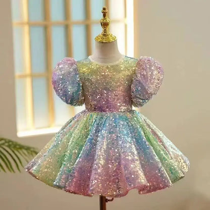 Girl Dress Pastel Sparkles Shimmers Puffy Sleeves Sequin Dress Girls Birthday Party Clothes 3-12Years