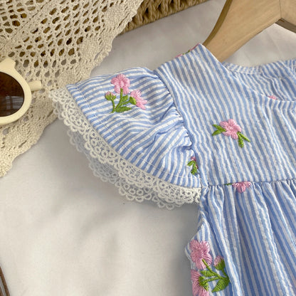 Girl Casual Dress New Fashion Flower Embroidered Striped Flying Sleeve Dress Girls Sweete Vestidos Kids Clothes