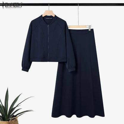 ZANZEA 2026 Spring Outfits Long Sleeve Blouse Skirt Suit Fashion Women 2 Pieces Sets Zipper Coats Maxi Dress Muslim Matching Set