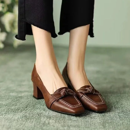New retro women's fashion square toe high heels 2025 spring and summer women's butterfly decorative office girl mid-heeled shoes