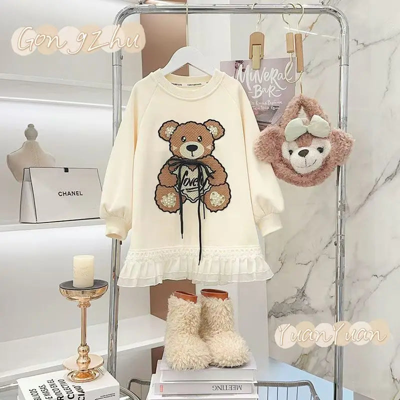 Teenage girls Thick Velvet warm Dress cotton Lotus leaf hem Cartoon Bear kids dresses chidren clothes 4-6 8 10 12 14