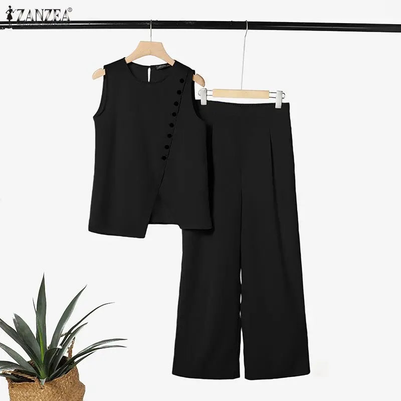 Fashion ZANZEA Summer Sleeveless Tanks Tops Trousers Suit Solid Color OL Work Tracksuit Outfit Matching Set 2PCS Women Pant Sets
