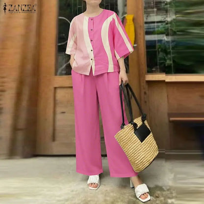 ZANZEA Summer Casual Daily Printing Pant Suits Woman Wide-Leg Pants & 3/4 Sleeve O-Neck Shirts 2 Piece Sets Women's Outfits 3XL