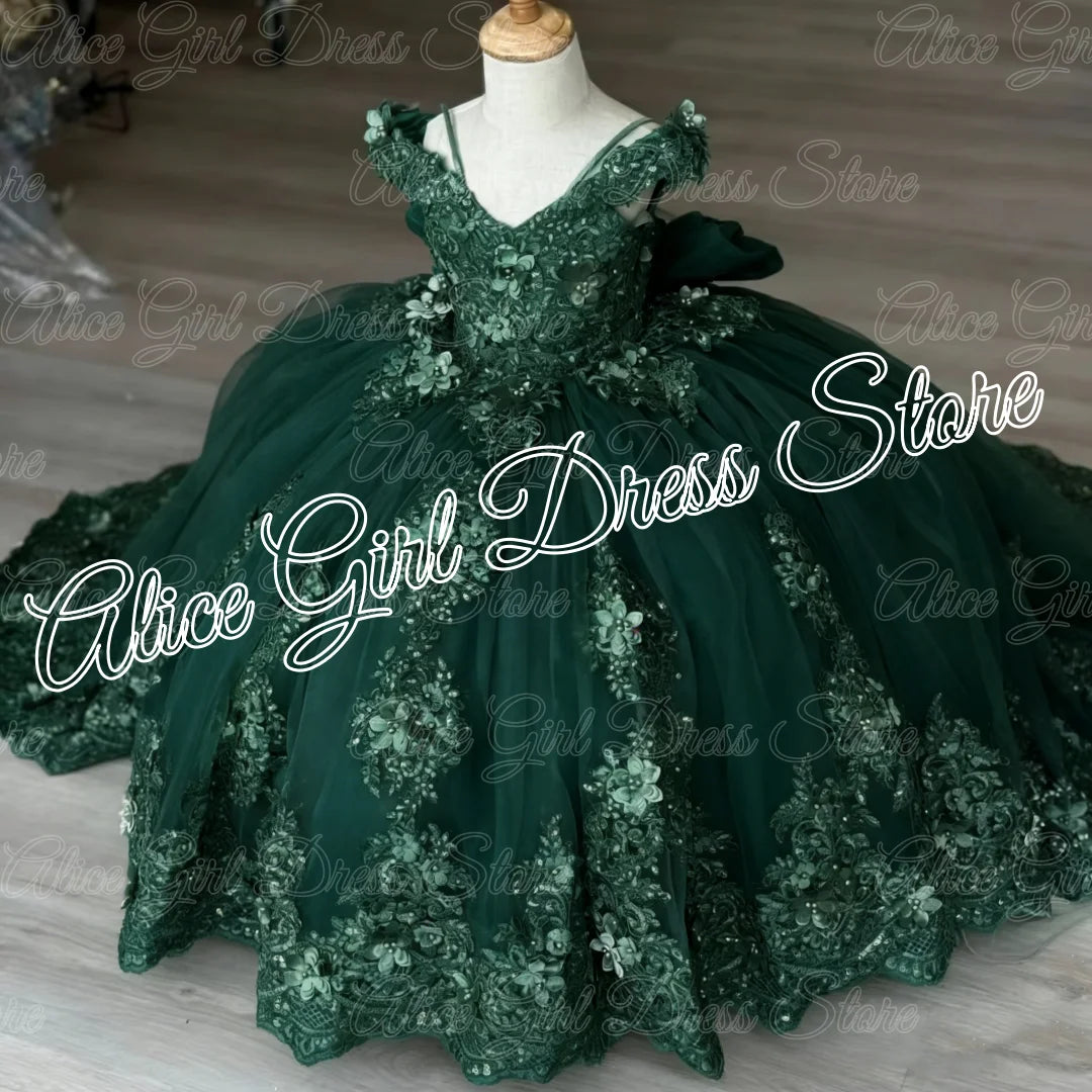 Green Flower Girl Dresses For Wedding Lace Appliques Floor Length Girl Birthday Party Gowns First Communion Gowns Customized