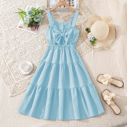 Girls 8-12 Green Summer Dress, Sleeveless Tiered Design with Back Bow & Elastic Waist, Casual Kids Wear
