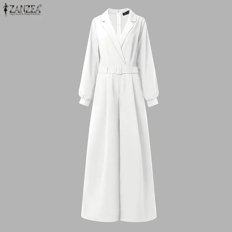ZANZEA Women's Minimalist Jumpsuits Summer Lapel Neck Long Sleeve Belted Wide Leg Pant Overalls Elegant Office Work Playsuits