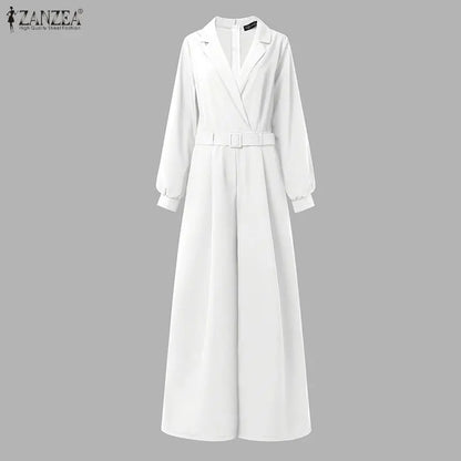 ZANZEA Women's Minimalist Jumpsuits Summer Lapel Neck Long Sleeve Belted Wide Leg Pant Overalls Elegant Office Work Playsuits