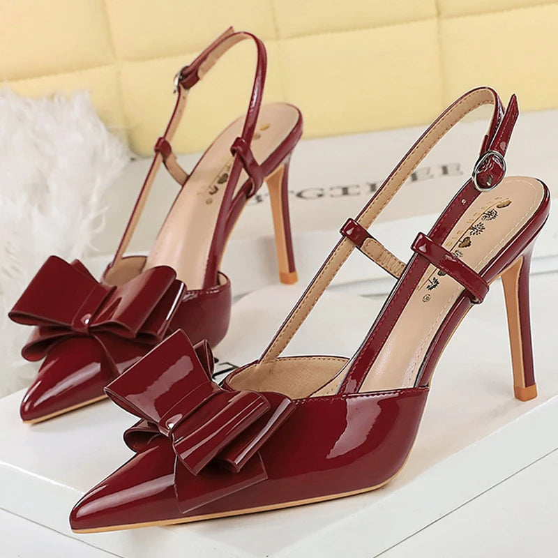 Large size 43 Bowknot Women Pumps Patent Leather High Heels Sexy Party Shoes Stiletto 9 cm Heels Summer Heeled Sandals Women