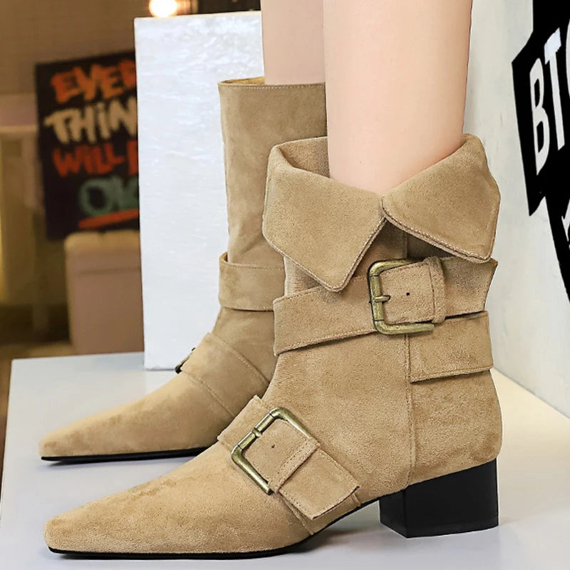 BIGTREE Shoes 2026 New Women Western Boot Retro Mid-Calf Boots Square Head Belt Buckle Women Boots Suede Thick Heel Autumn Boots