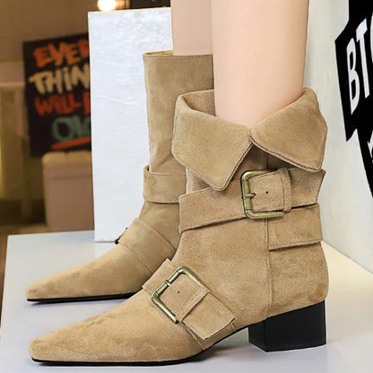 BIGTREE Shoes 2026 New Women Western Boot Retro Mid-Calf Boots Square Head Belt Buckle Women Boots Suede Thick Heel Autumn Boots