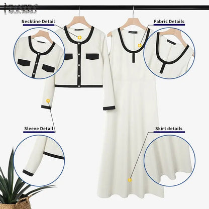 ZANZEA Elegant Women OL Work Dress Sets 2026 Spring Office Outfits Long Sleeve Slim Fit Cropped Tops Cardigan Maxi Tanks Dress