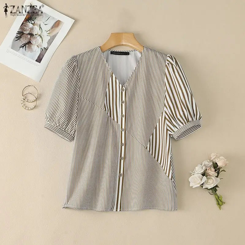 ZANZEA 2026 Woman Striped Patchwork Button Up Shirts V-Neck Half Puff Sleeve Blouses Summer Daily Casual Commute Camisas Mujer