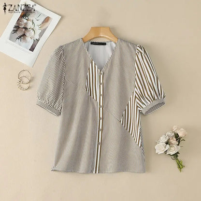 ZANZEA 2026 Woman Striped Patchwork Button Up Shirts V-Neck Half Puff Sleeve Blouses Summer Daily Casual Commute Camisas Mujer