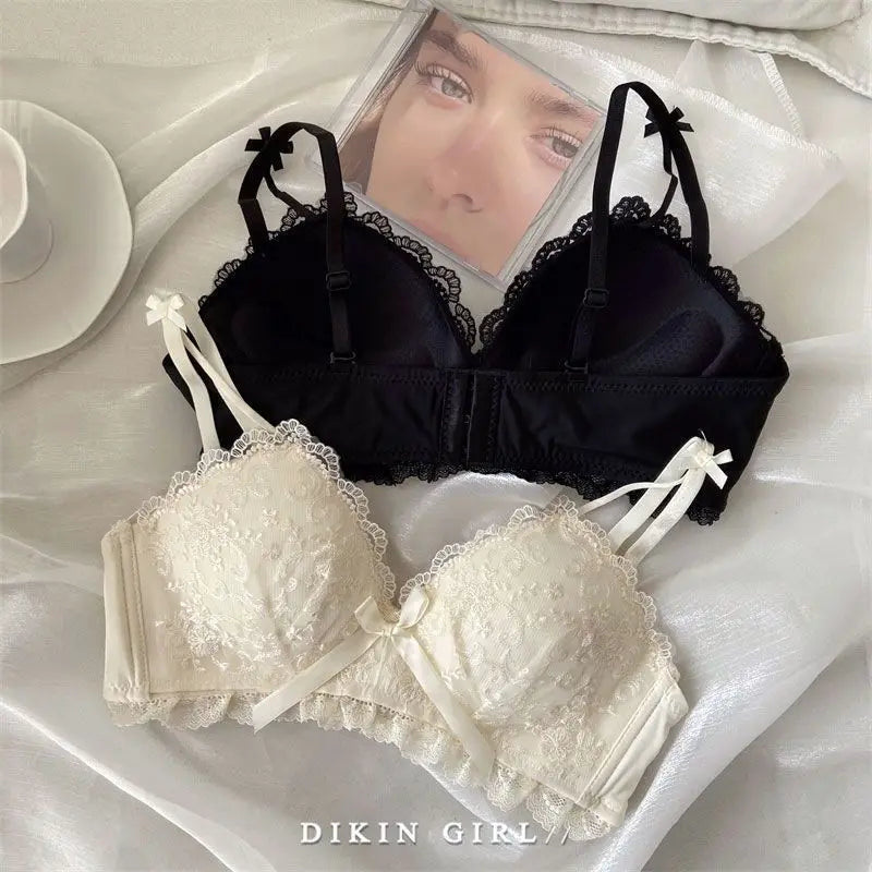 Sexy Lace Embroidered Bra Set with Small Chest Gathered for Collection, Accessory Breasts Without Steel Rims, Underwear Set