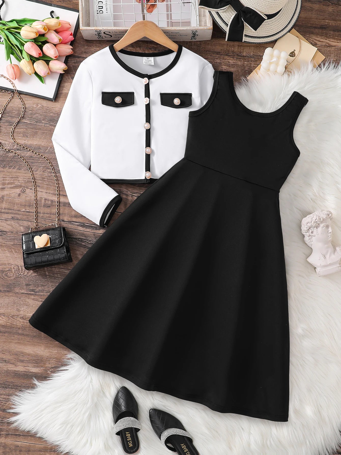 8-12Y Girls' Spring and Autumn Simple and Elegant Dress Set, Solid Color Sleeveless A-Line Pleated Knee-Length Skirt + Button-Down Long-Sleeved Vest, Suitable for Girls' Daily Casual Party Dress Set